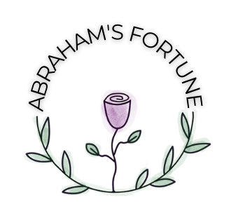 Abraham's Fortune Logo - Purple flower with half circle of leaves underneath. Abraham's Fortune written across the top half of circle